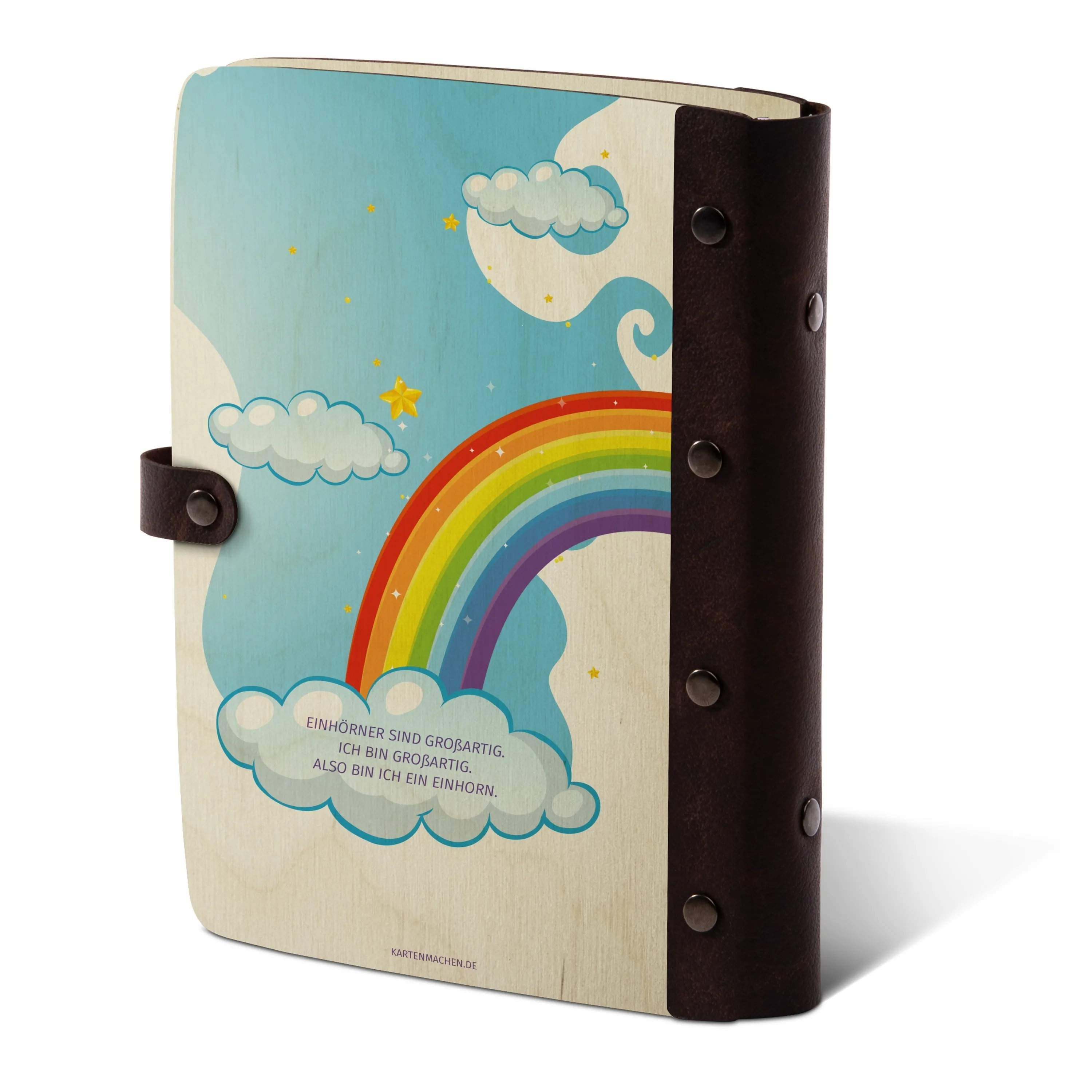 Personalisiertes Notizbuch / Tagebuch Birkensperrholz für Kinder - Regenbogeneinhron