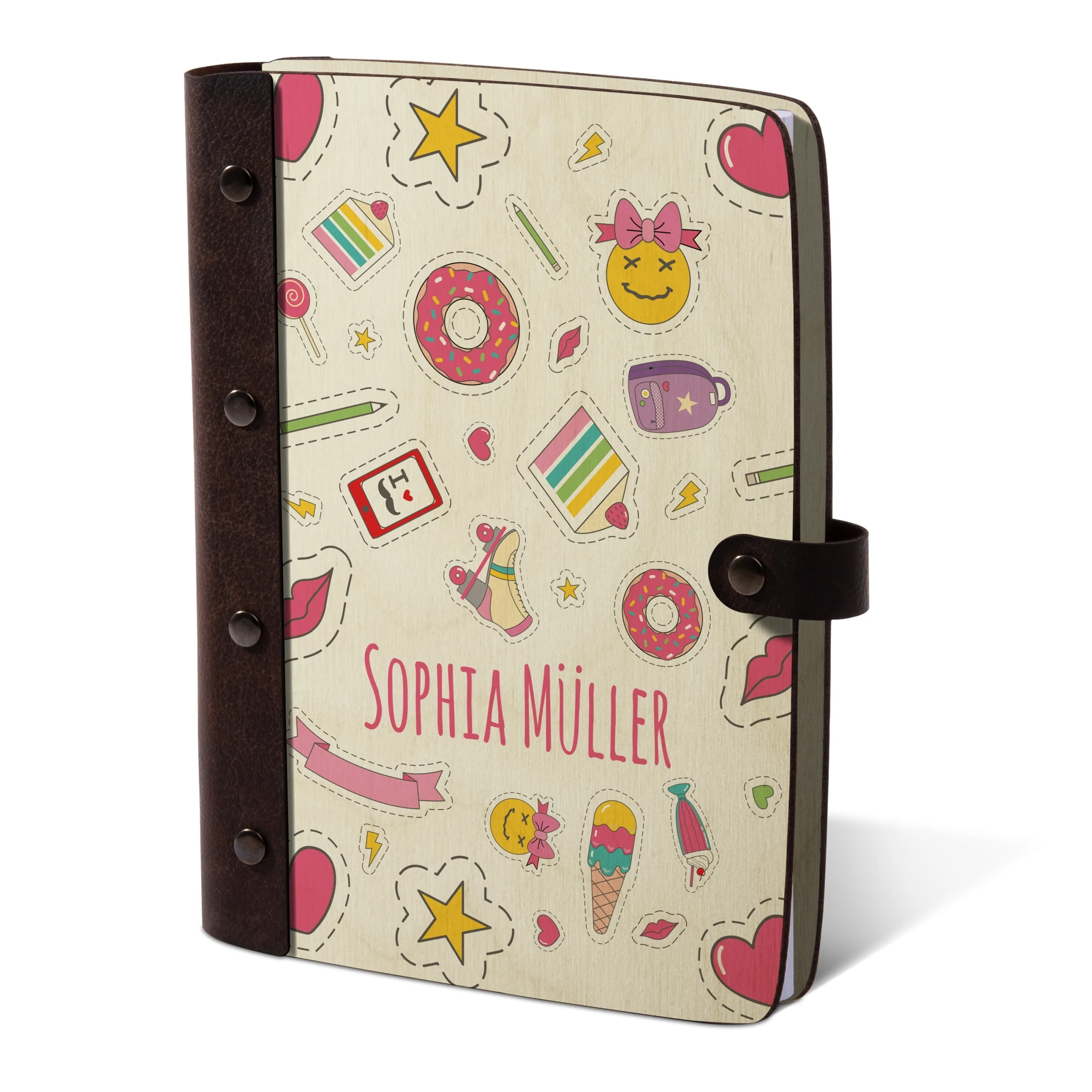 Personalisiertes Notizbuch / Tagebuch Birkensperrholz für Kinder - Süße Sachen