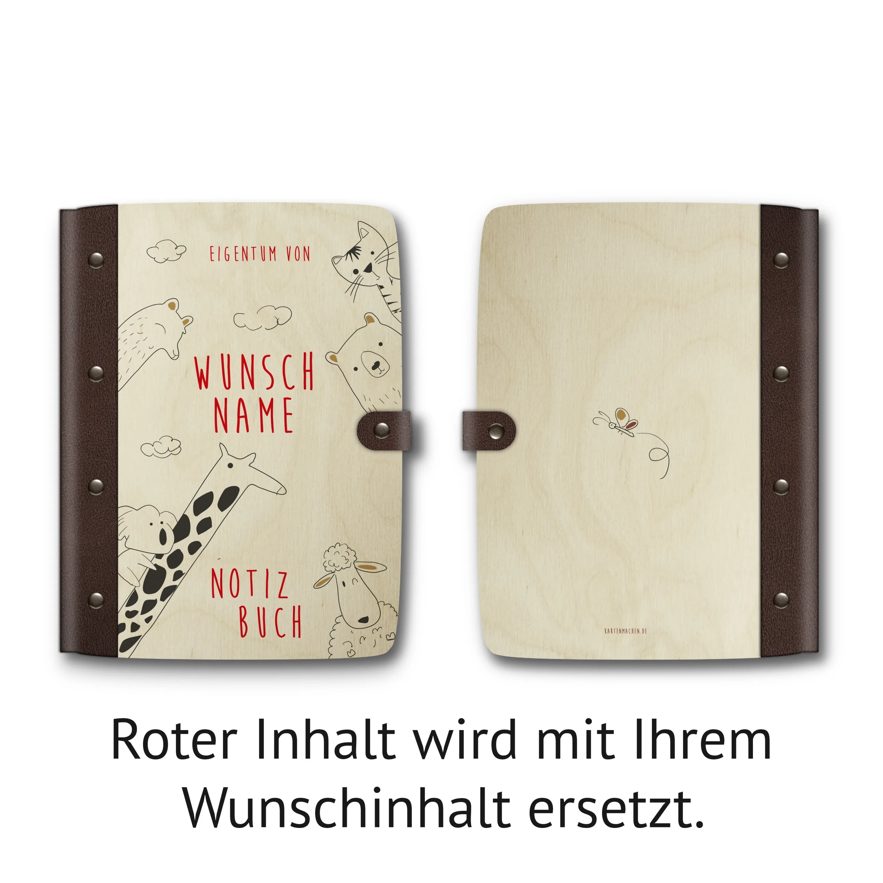 Personalisiertes Notizbuch / Tagebuch Birkensperrholz für Kinder - Zeichentiere