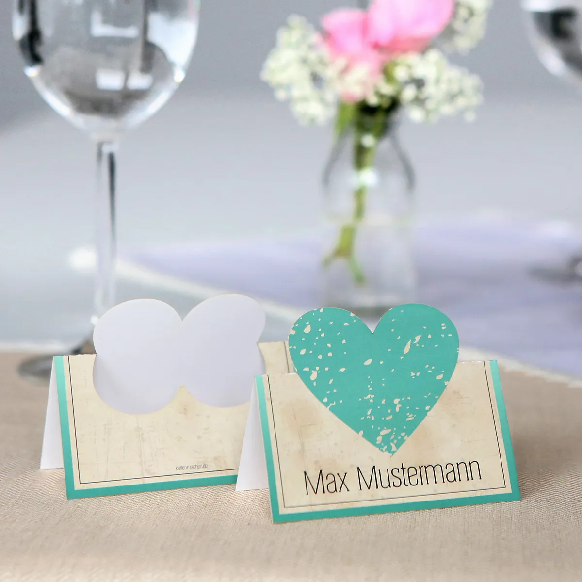 Pop up Tischkarten zur Hochzeit - Vintage Herz in Mintgrün