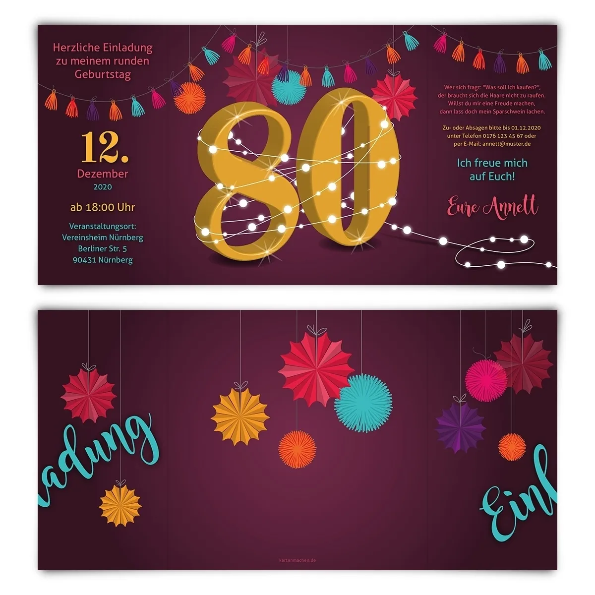 Runder 80. Geburtstag Einladungen - Girlande