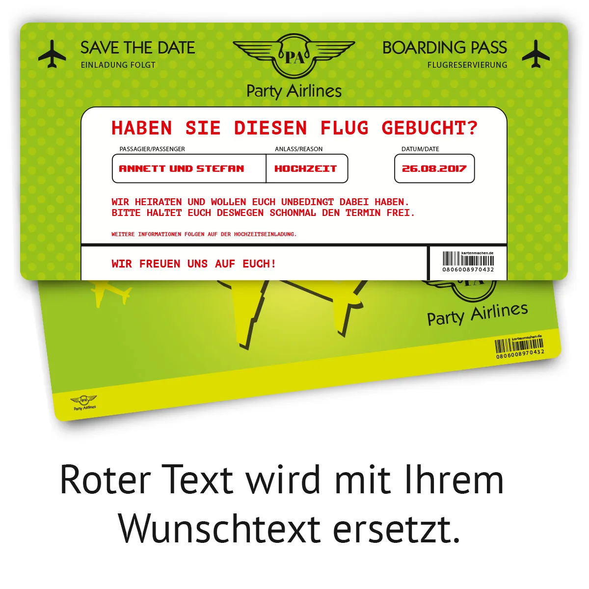 Save the Date Karte im Flugticket Motiv - Grün