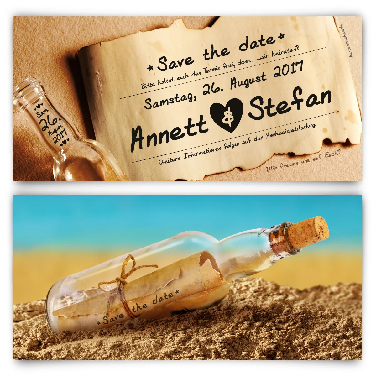 Save the Date Karten im Flaschenpost Motiv