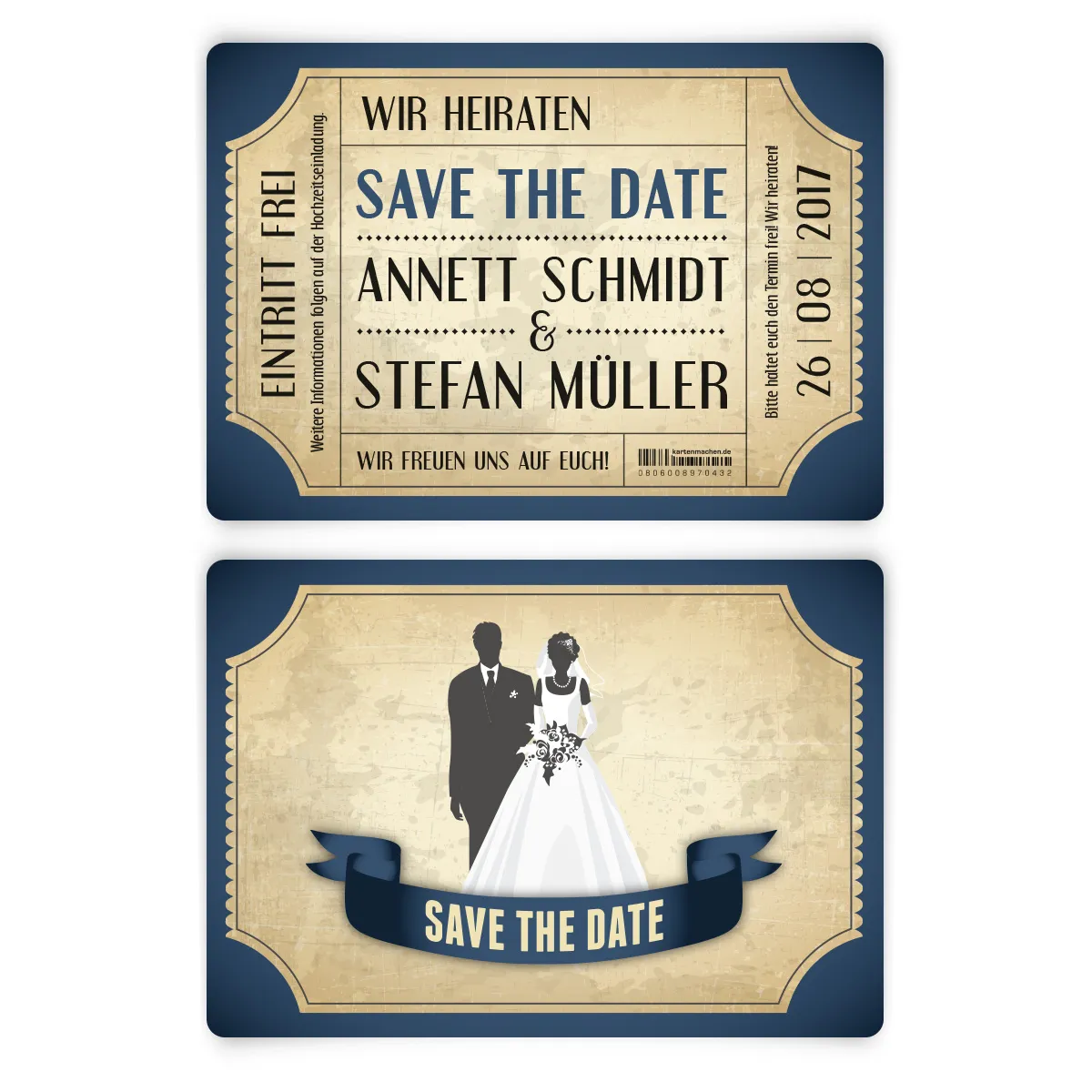 Save the Date Karten zur Hochzeit - Vintage Brautpaar in Blau