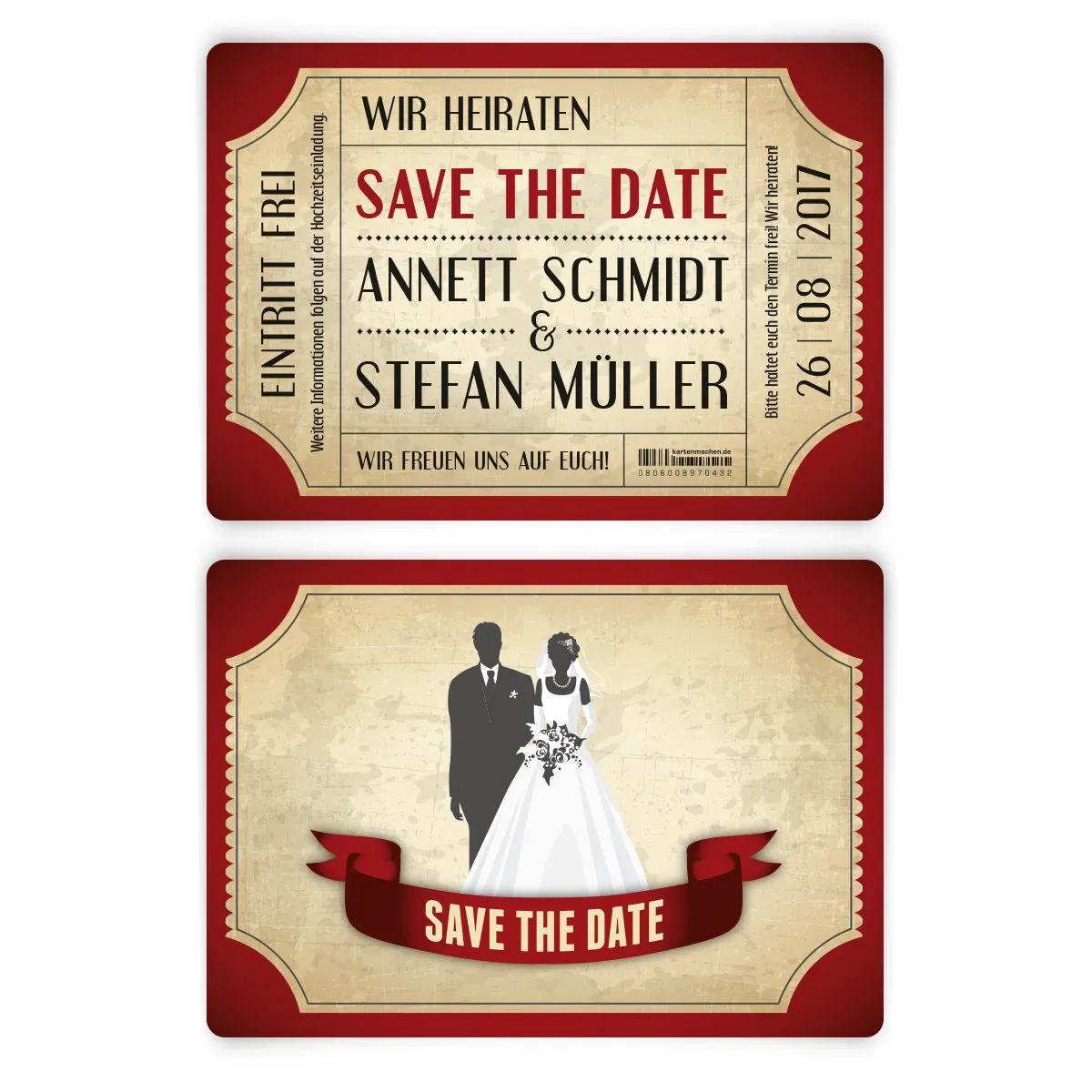 Save the Date Karten zur Hochzeit - Vintage Brautpaar in Rot