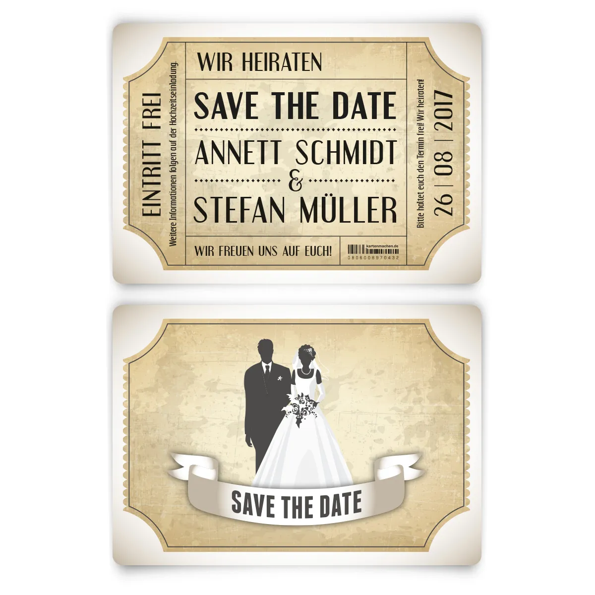 Save the Date Karten zur Hochzeit - Vintage Brautpaar in Weiß