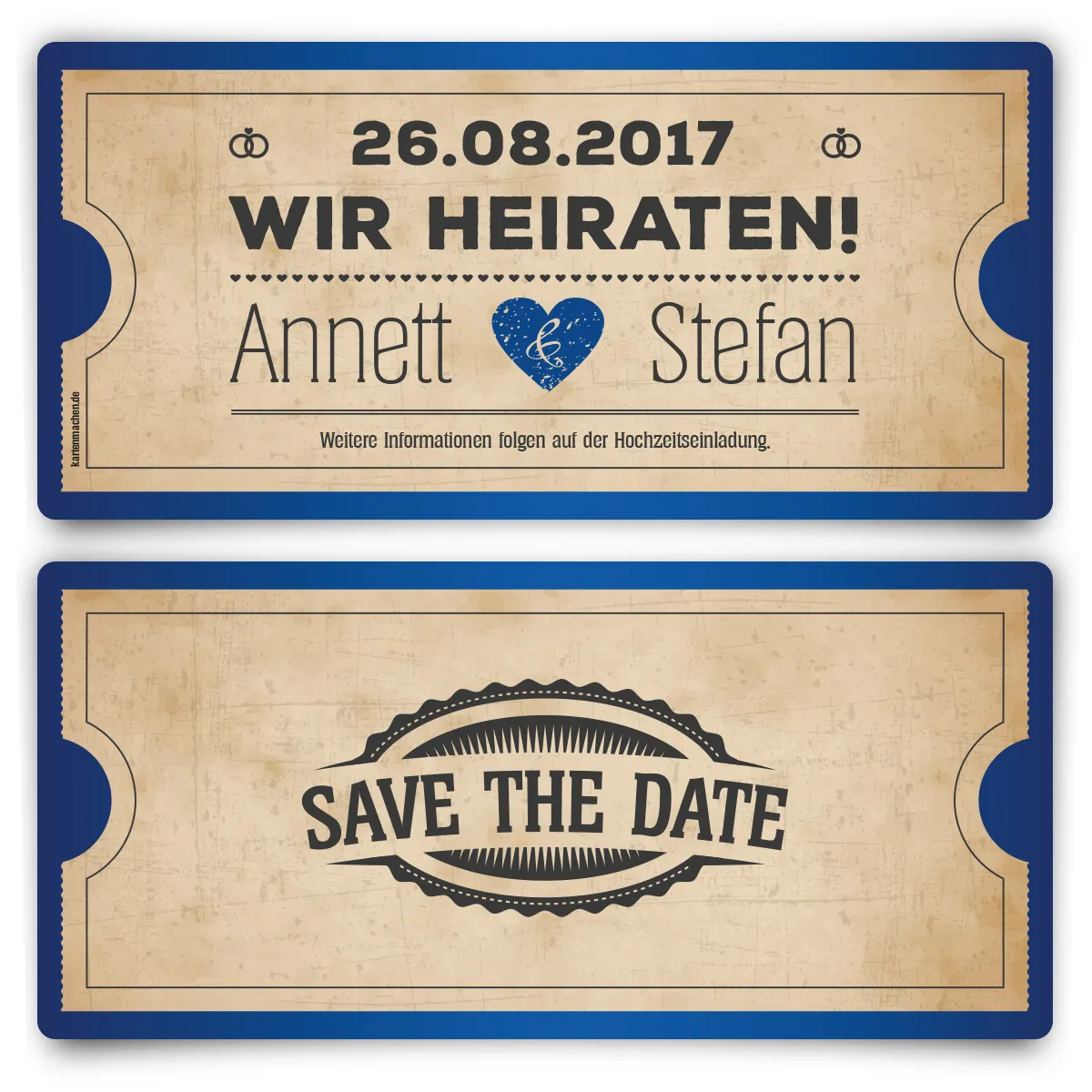 Save the Date Karten zur Hochzeit - Vintage Herz in Blau