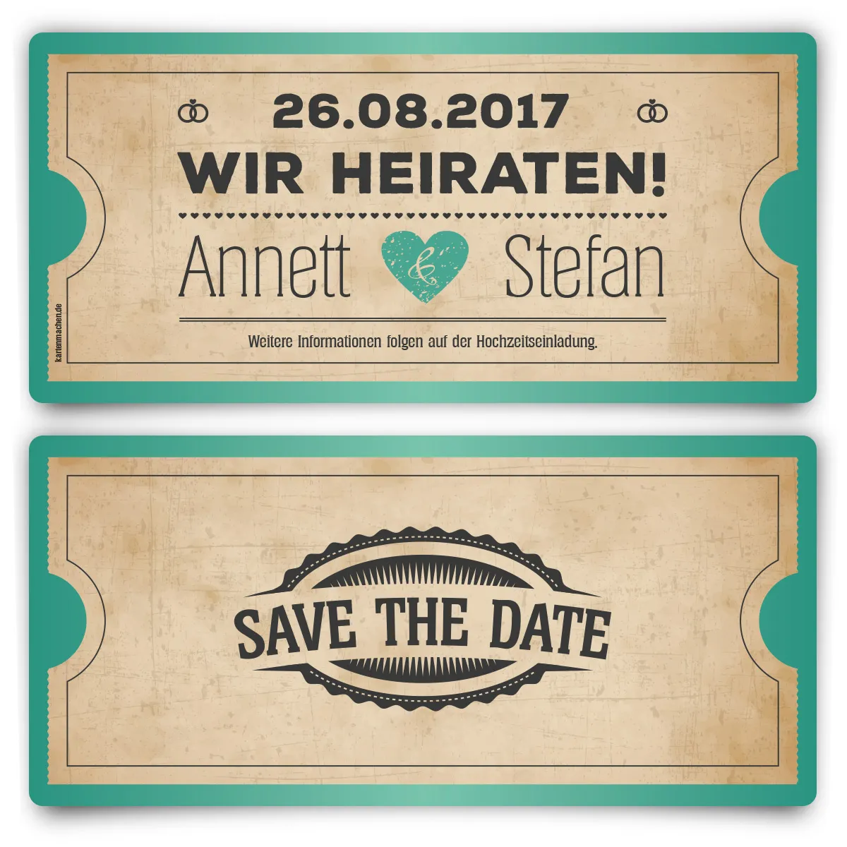 Save the Date Karten zur Hochzeit - Vintage Herz in Mintgrün