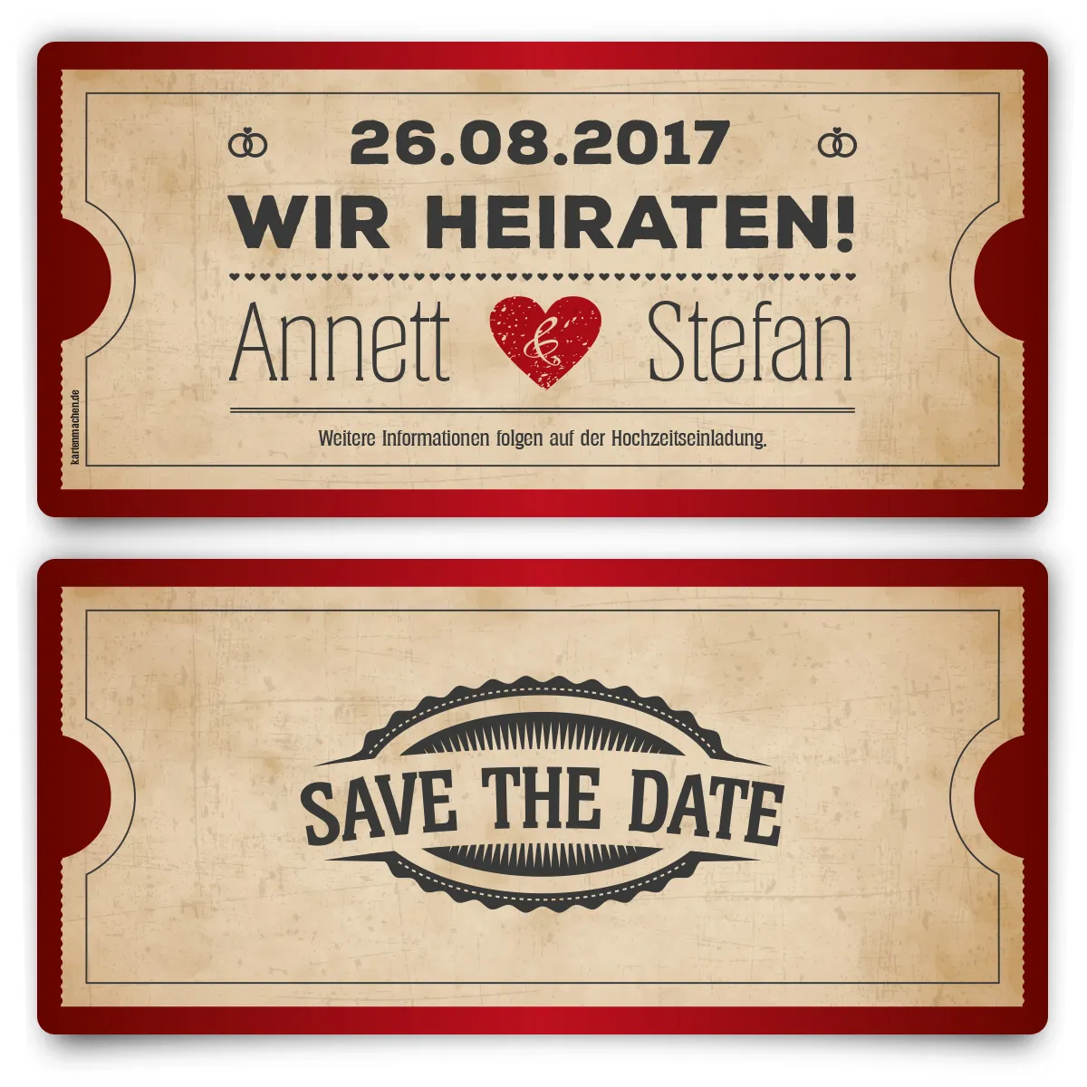 Save the Date Karten zur Hochzeit - Vintage Herz in Rot
