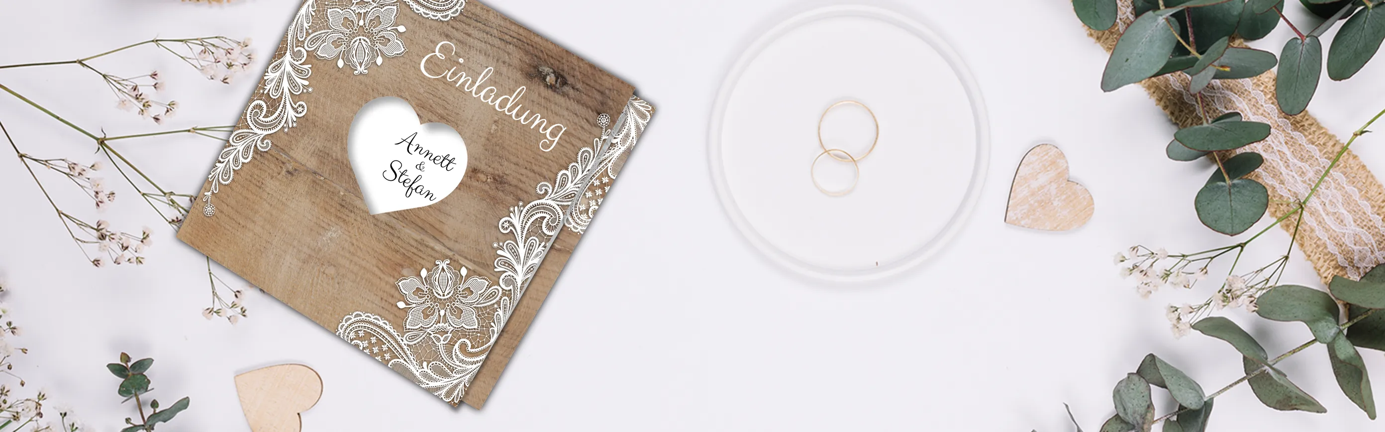 Hochzeit Einladungskarten im Rustikal Design  mit Herz Sonderform selbst gestalten
