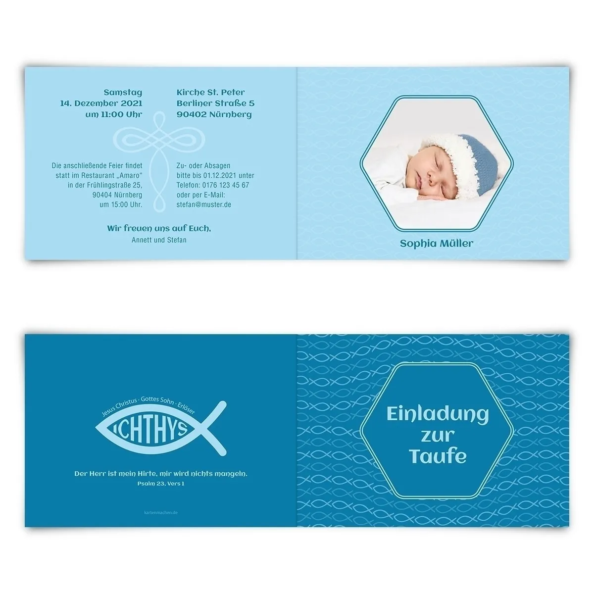 Taufe Einladungskarten - Blauer Jesus Fisch