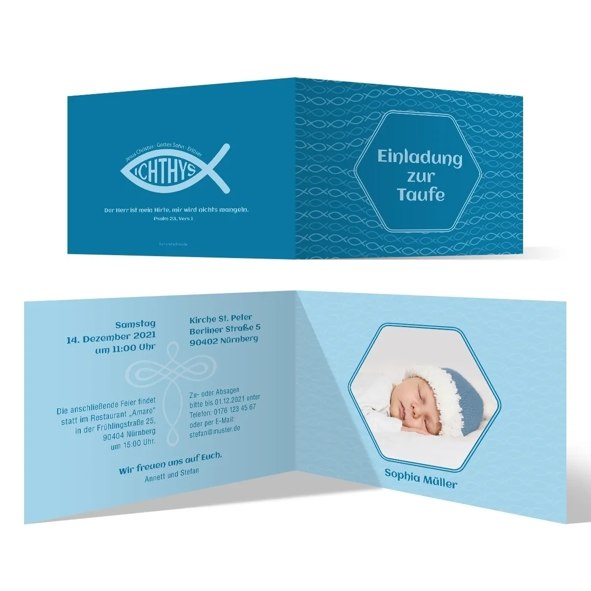 Taufe Einladungskarten - Blauer Jesus Fisch