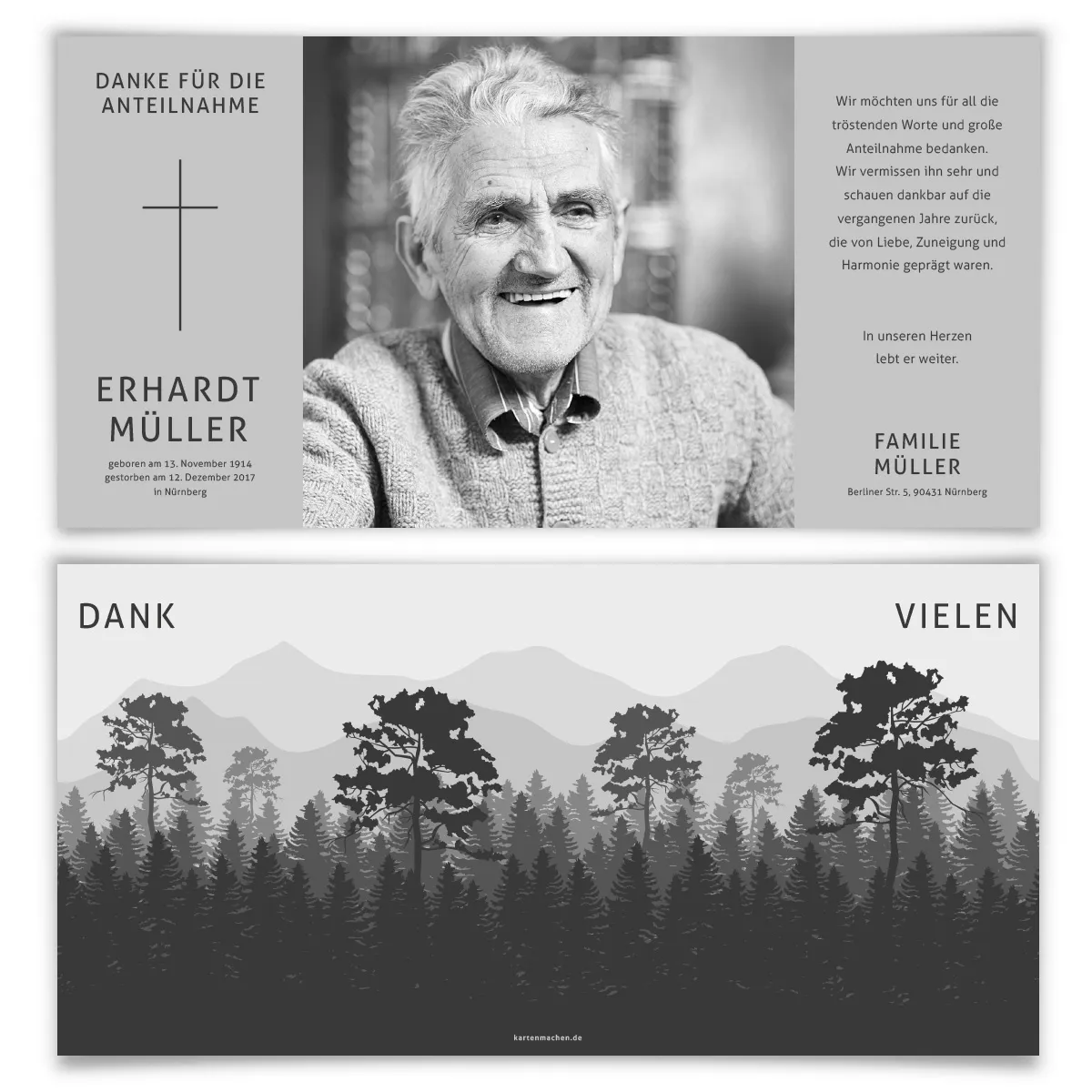 Trauer Danksagungskarten - stiller Wald in Schwarz und Weiß