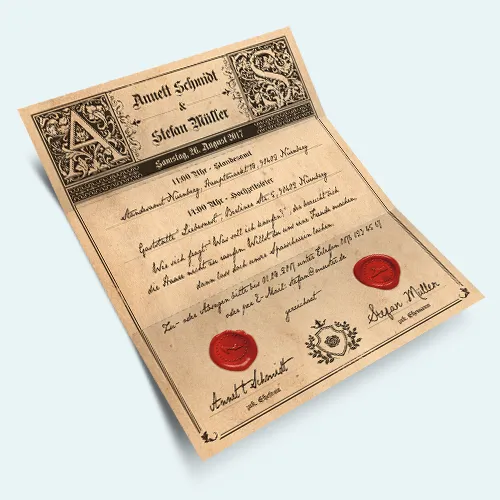 Vintage Hochzeitseinladungen Siegelbrief mit besonderem Falz und Ihrem eigenen Text