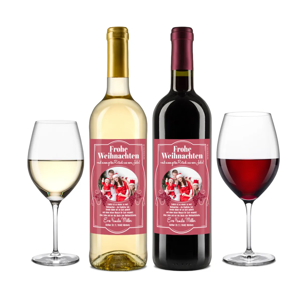 Weihnachtsgrußkarte als Flaschenetikett – Wein in Rot