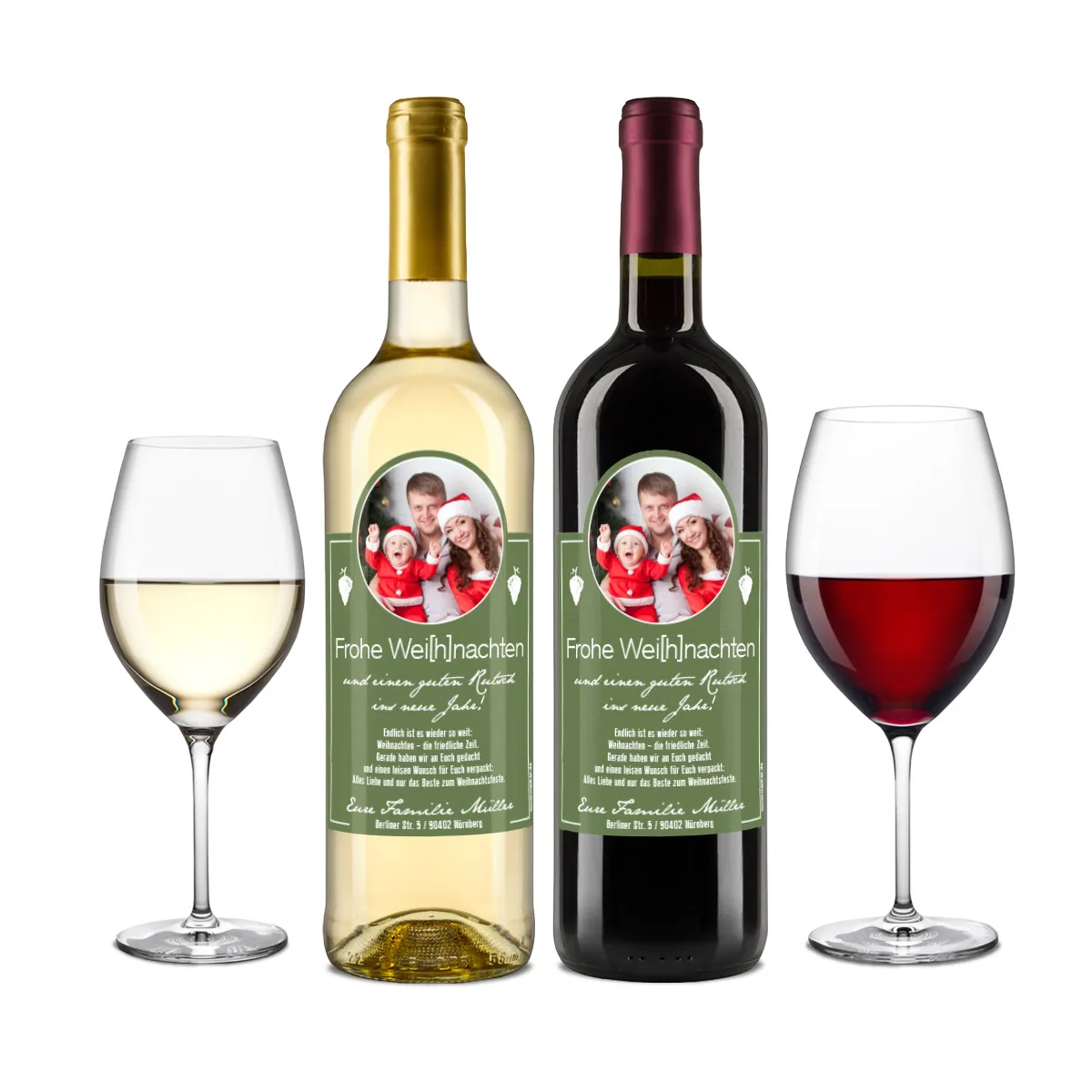 Weihnachtskarten als Flaschenetikett – Wein in Grün
