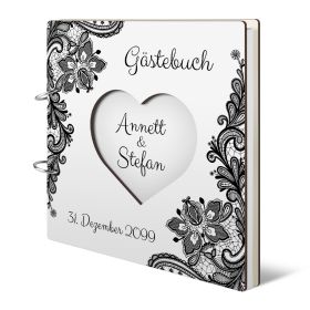 Personalisiertes Hochzeit Gästebuch - Rustikal Schwarz Weiß mit Herz Ausschnitt