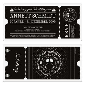 Geburtstag Einladungen - Schwarz-Weiß Ticket schwarze Version